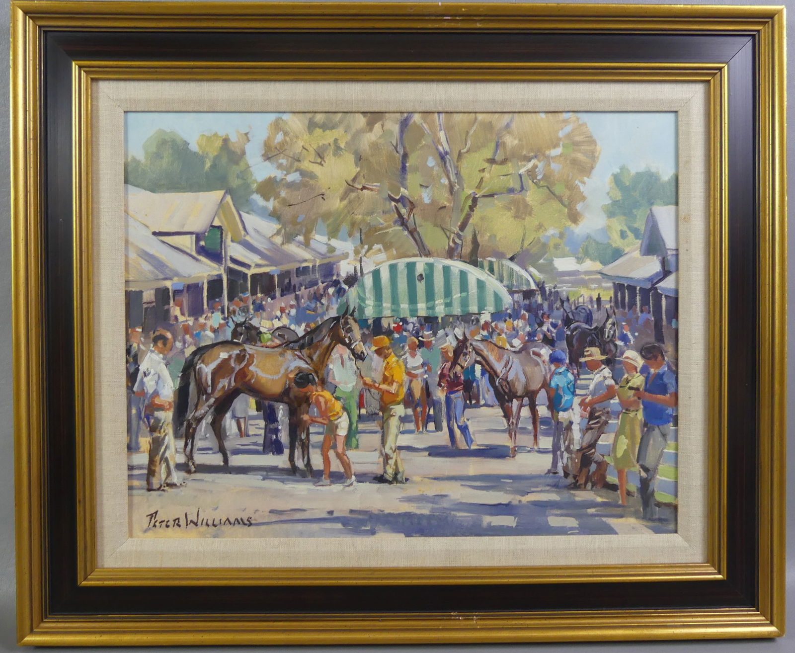 PETER WILLIAMS HORSE FAIR PAINTING: Oil on canvas depicting a fair with horses and people signed Peter Williams. 14 x 18 in, framed 19.5 x 23.5 in. (Peter Williams 1934-2018 NY/New Zealand artist noted for impressionist horse race scene