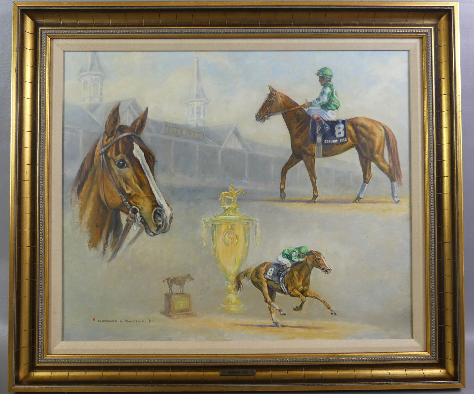 HOWARD L. BATTLE - GENUINE RISK HORSE: Oil painting on canvas depicting a collage of a jockey on horse GENUINE RISK, trophy and Churchill Downs building (home of the Kentucky Derby) with anniversary date sign 1875-1980. Signed Howard L. Ba