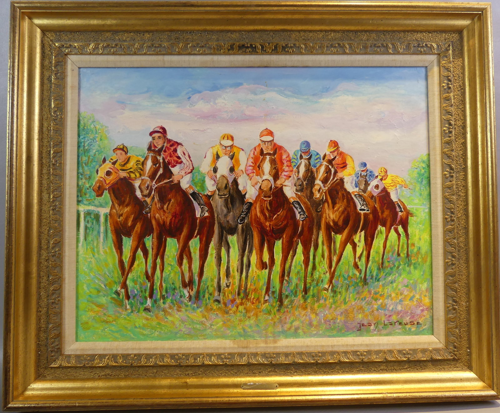 JEAN LAREUSE PAINTING - RACING JOCKEYS: Colorful oil on canvas depicting racing jockeys signed Jean Lareuse. 20 x 25.5 in, framed 28 x 33 in. (LaReuse was born 1925 in France)