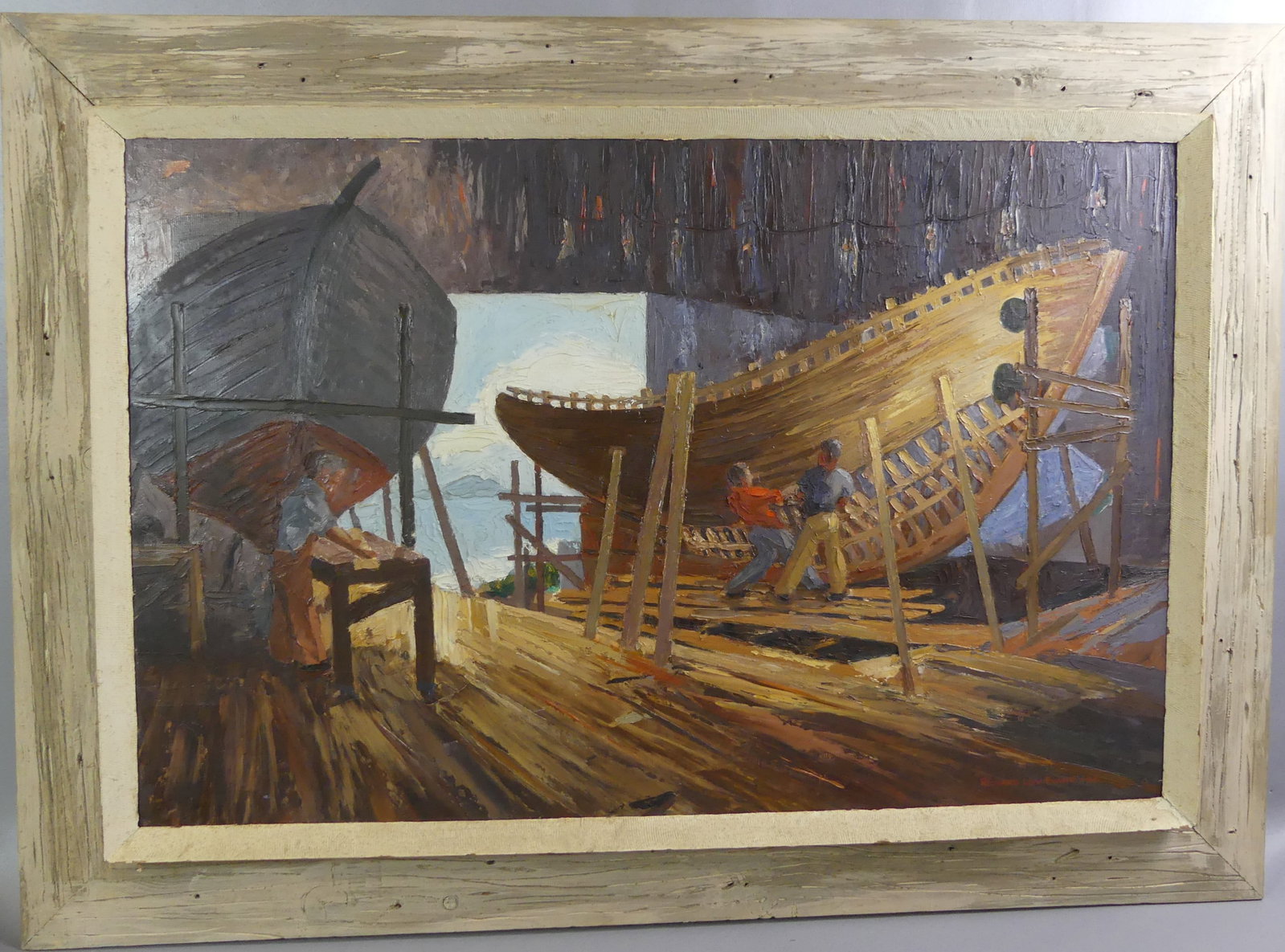 RICHARD L. EVANS PAINTING - BOAT BUILDING: Large impressionist oil painting on board of men working on boats signed Richard Low Evans '62 titled THE BOAT BUILDERS (Wakefield MA label verso). 24 x 36 in, framed 31 x 43. (Richard Evans 1919-1998