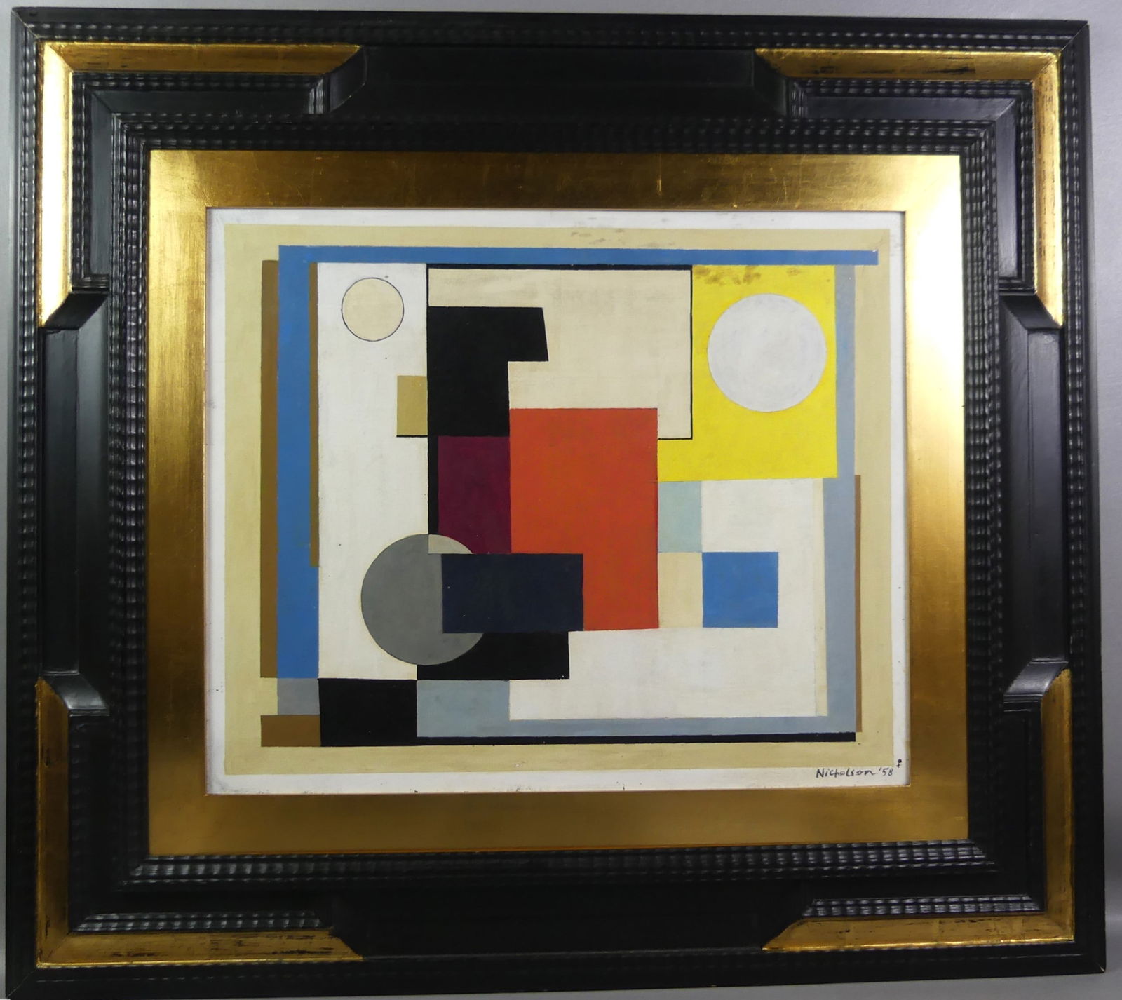 BEN NICHOLSON PAINTING - ABSTRACT: 20th century cubist oil painting on board signed Nicholson '58 (probably School of Ben Nicholson 1894-1982, important English artist). Has Gresham Gallery in London label verso. 19 x 23 in, framed 33