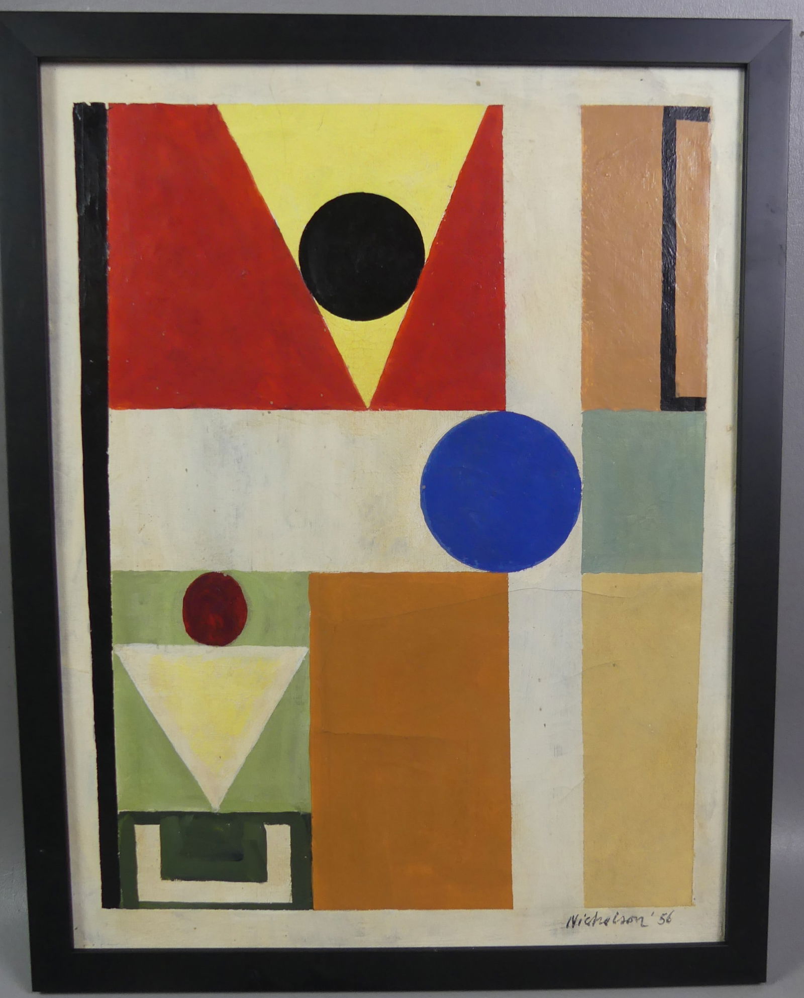 BEN NICHOLSON PAINTING - ABSTRACT: 20th century cubist oil painting on board signed Nicholson '56 (probably School of Ben Nicholson 1894-1982, important English artist). Has Crescent Gallery, Mount St. in Bath label verso. 17.5 x 13.5