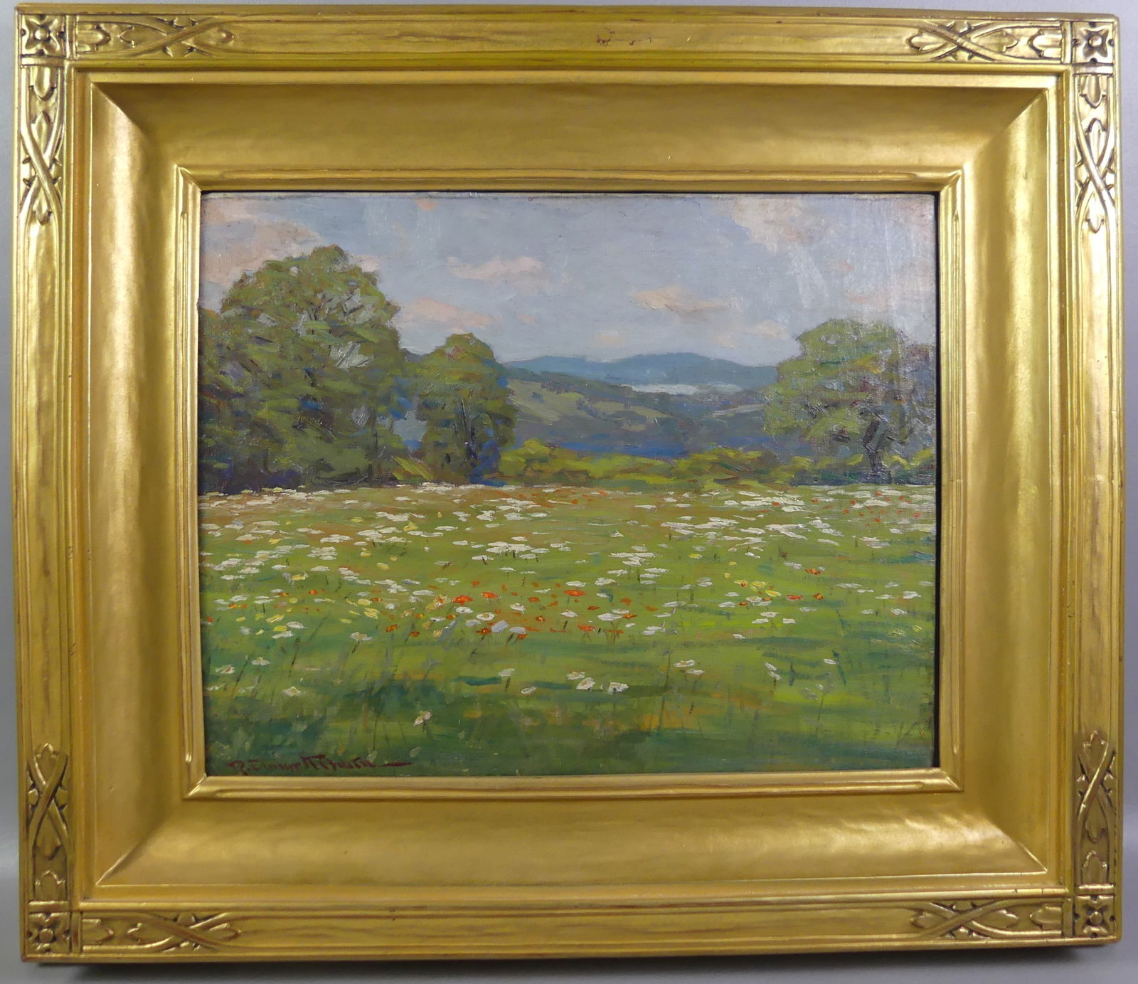 ROBERT EMMETT OWEN PAINTING - LANDSCAPE: Impressionist N.E. landscape oil painting on canvas depicting a field of wildflowers signed R. Emmett Owen. Titled verso --Near Torrington Conn. July 1930. Has Spanierman Gallery NY label. 15.5 x 19.5