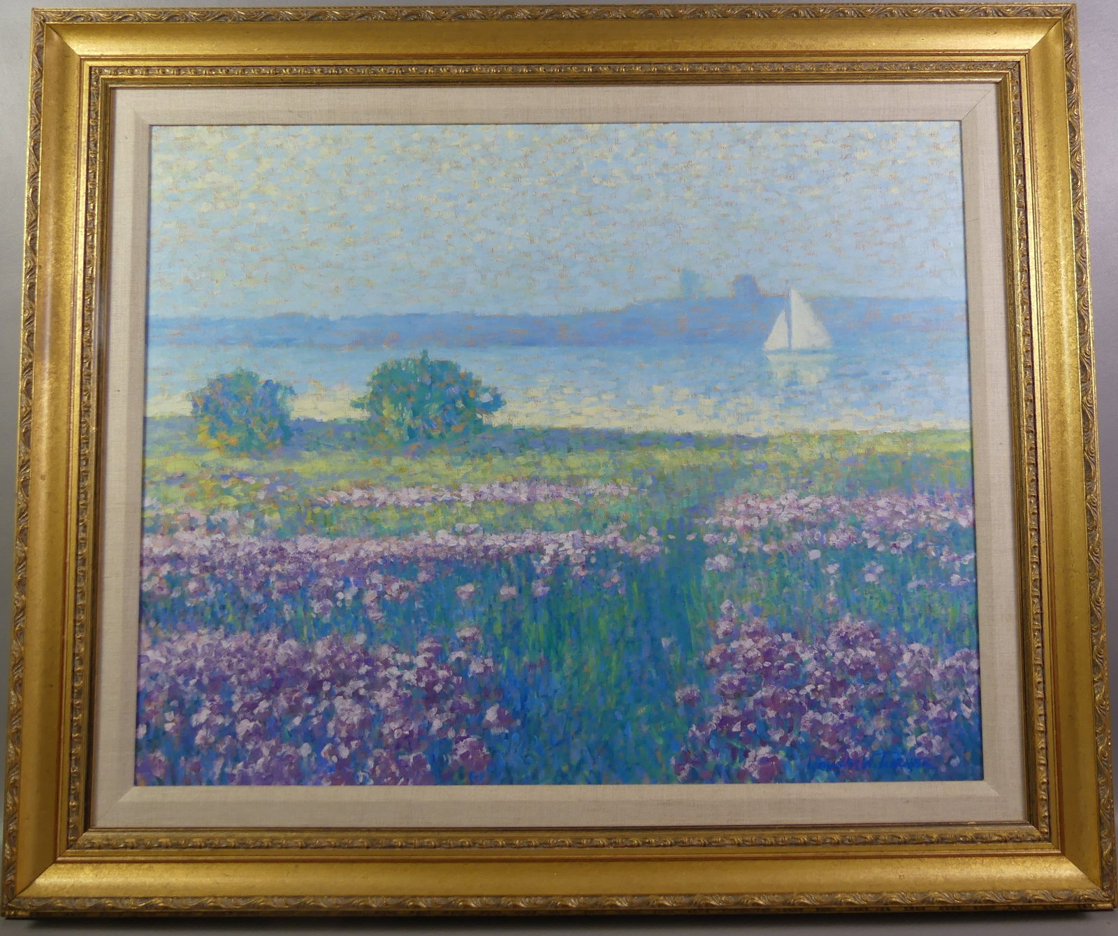 D.W. TURNER PAINTING - PROVINCETOWN: Contemporary impressionist Cape Cod oil painting on canvas of a seashore with wildflowers and sailboat signed DW Turner titled verso --Cape Joe Pye Weed 1987 Provincetown. 24 x 30 in, framed 33 x 38 i