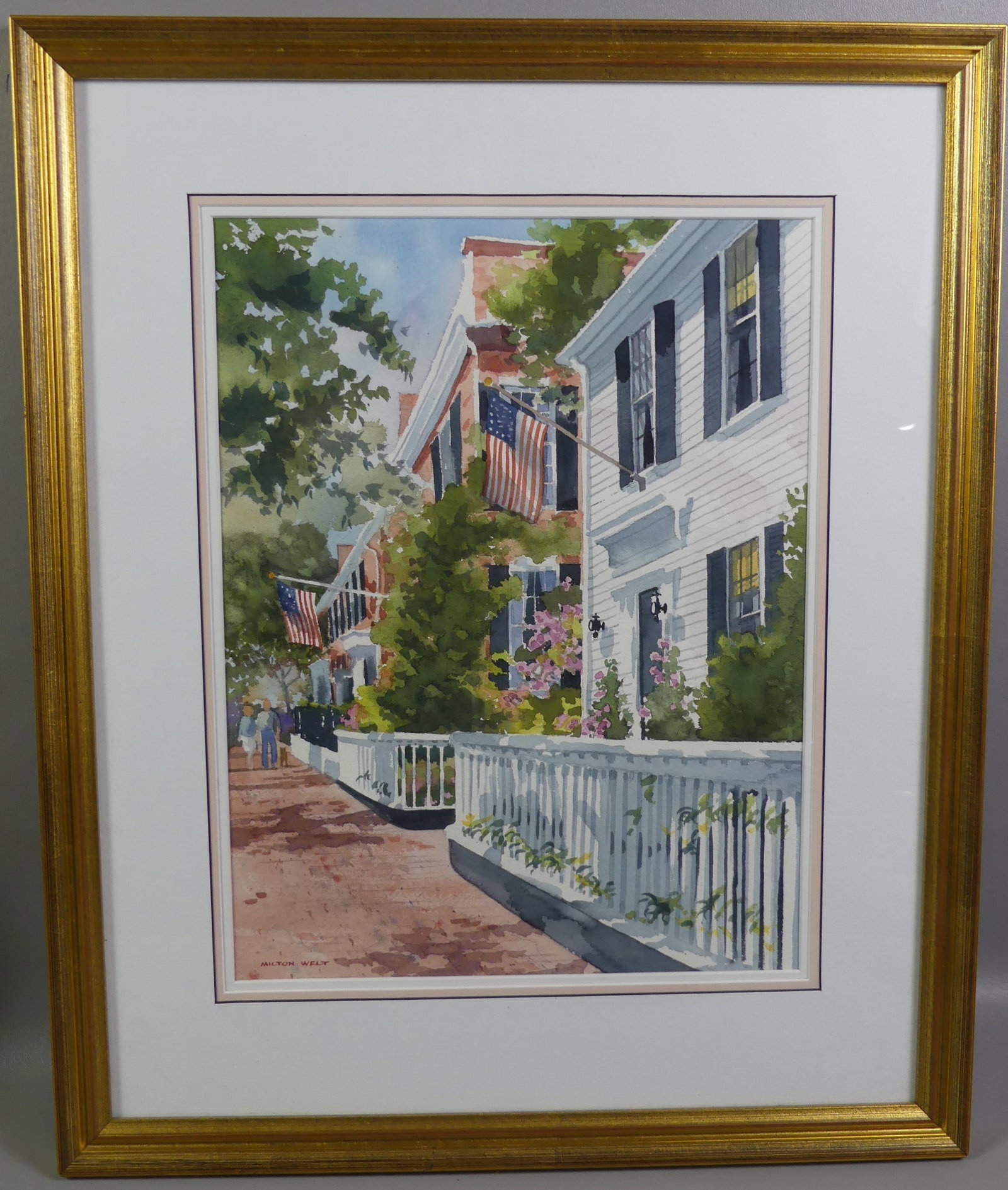 MILTON WELT - NANTUCKET PAINTING: Watercolor painting of mansions on Main St. Nantucket known as the Three Bricks signed Milton Welt. 15 x 11.5 in, framed 22.5 x 18.5 in. (Milton Welt 1914-2011 was a MA artist. He was a member of the 