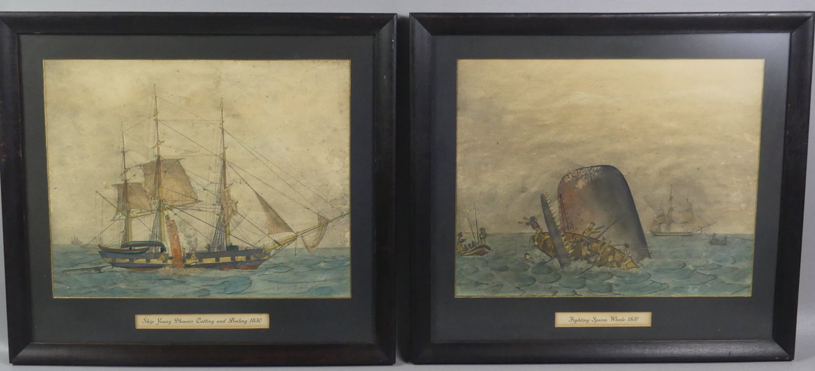 PAIR 19TH C. WHALING PAINTINGS: Pair of 19th century primitive watercolor paintings of whaling scenes with titles, both 11 x 14 image size and 16.5 x 18 in framed 1) Fighting Sperm Whale 1831 2) Ship Young Phoenix Cutting and Boilin