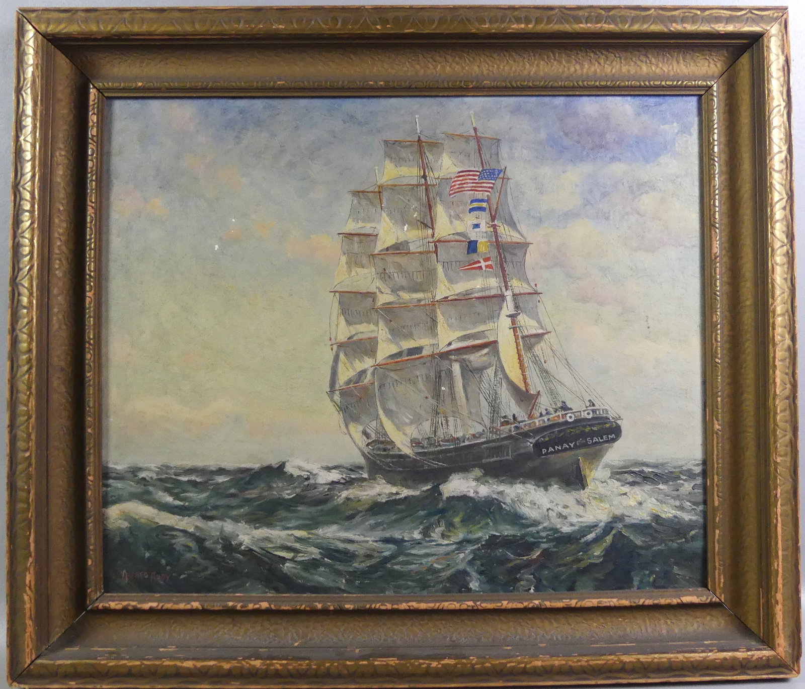 ALFRED ADDY SALEM SHIP PORTRAIT: Old oil painting on board of the ship PANAY out of SALEM signed Alfred Addy. 19 x 23 in, framed 24 x 28 in. (Alfred Addy 1866-1930 Marine artist from MA and England).