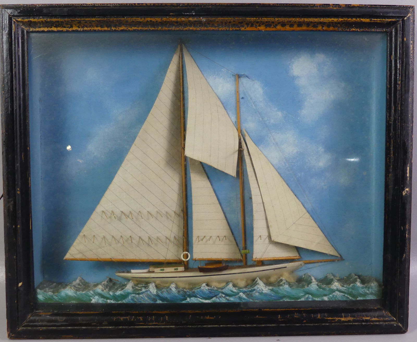 VICTORIAN YACHT DIORAMA: Painted wood Victorian yacht diorama, 18 x 22 inches. Good condition