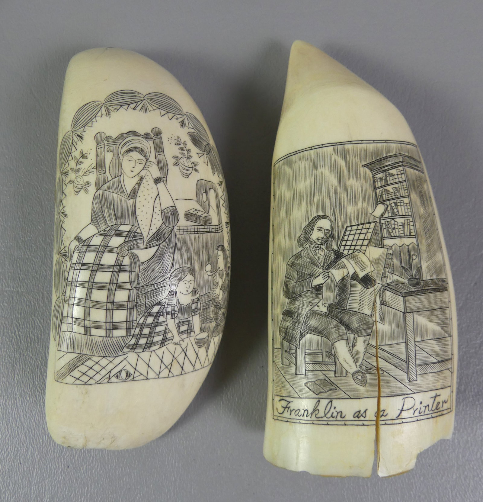 2 SCRIMSHAW WHALE TEETH: Two scrimshaw whales teeth: FRANKLIN AS PRINTER (crack) 5 x 2 in, weighs 7.23 oz; and a Victorian interior genre scene, 5 x 2 inch, 9.95 oz.