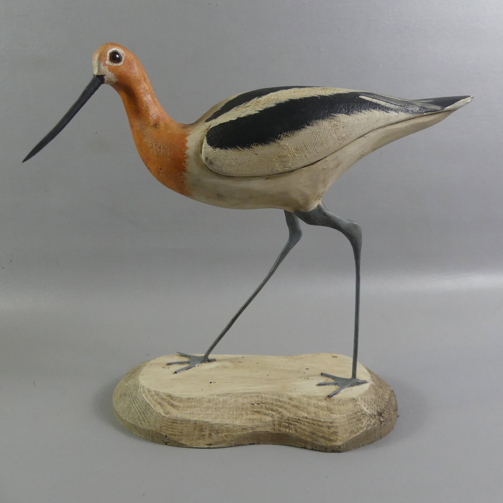 M. MCCARTHY CARVED SHORE BIRD: Vintage carved and painted shore bird titled AVOCET and signed M.R. McCarthy 7/2000. 13.5 x 15 in. (Michael McCarthy, contemporary carver from Mattapoisett MA)