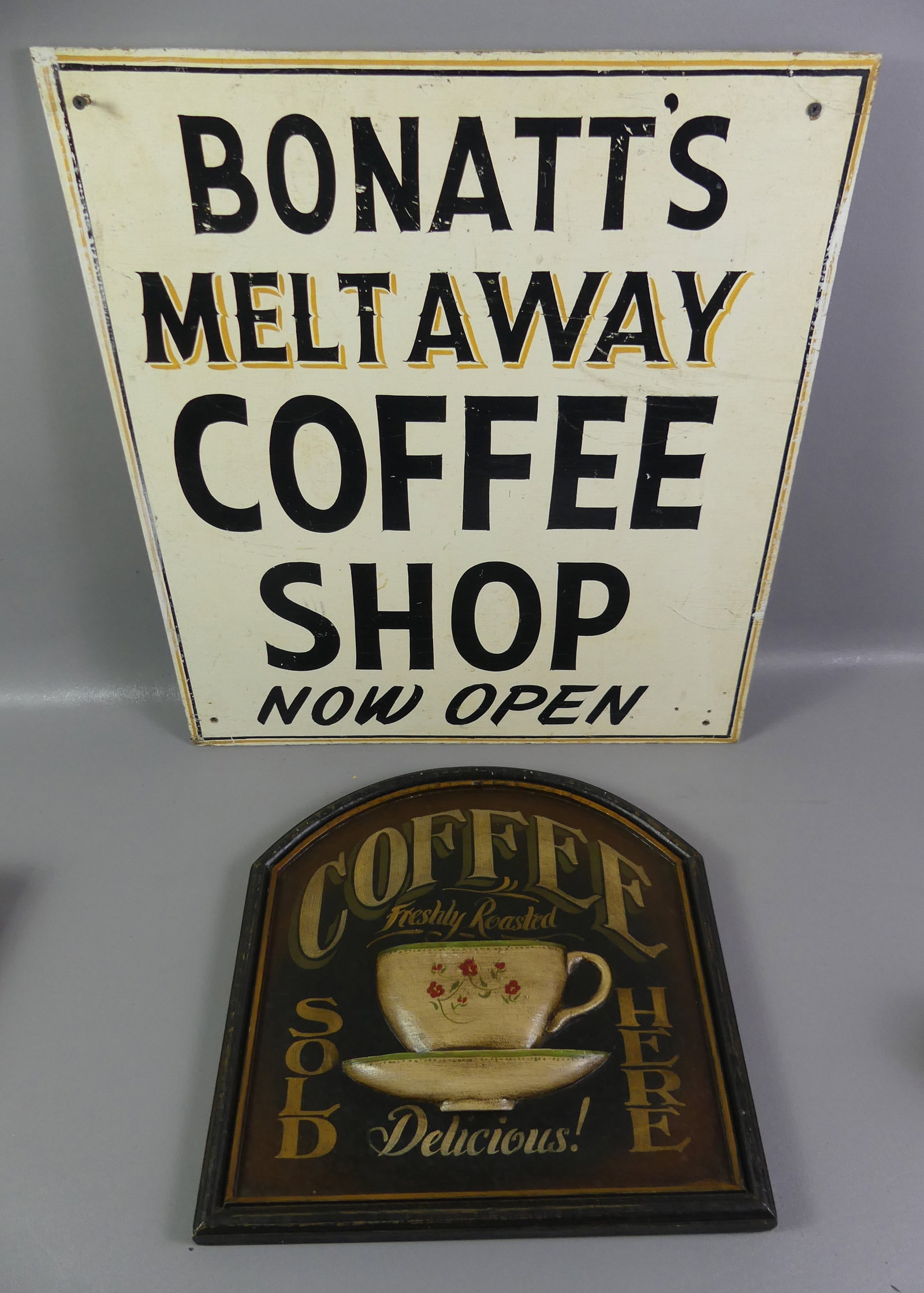 2 COFFEE TRADE SIGNS: 2 vintage wood coffee trade signs: BONATT'S MELTAWAY COFFEE SHOP NOW OPEN, 22 x 20 in; and COFFEE SOLD HERE sign, 15 x 15 in.