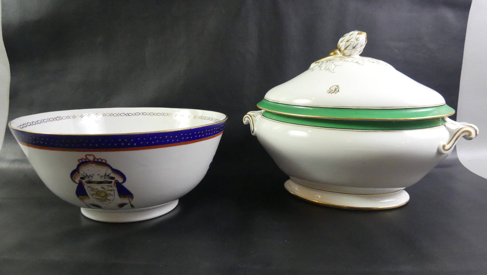 CHINESE EXPORT TYPE BOWL & TUREEN: 2 porcelain items: old Chinese Export style 12 in punchbowl (Asian repro) and a Victorian 15 in covered oval tureen with green and gold paint. Both vg condition.