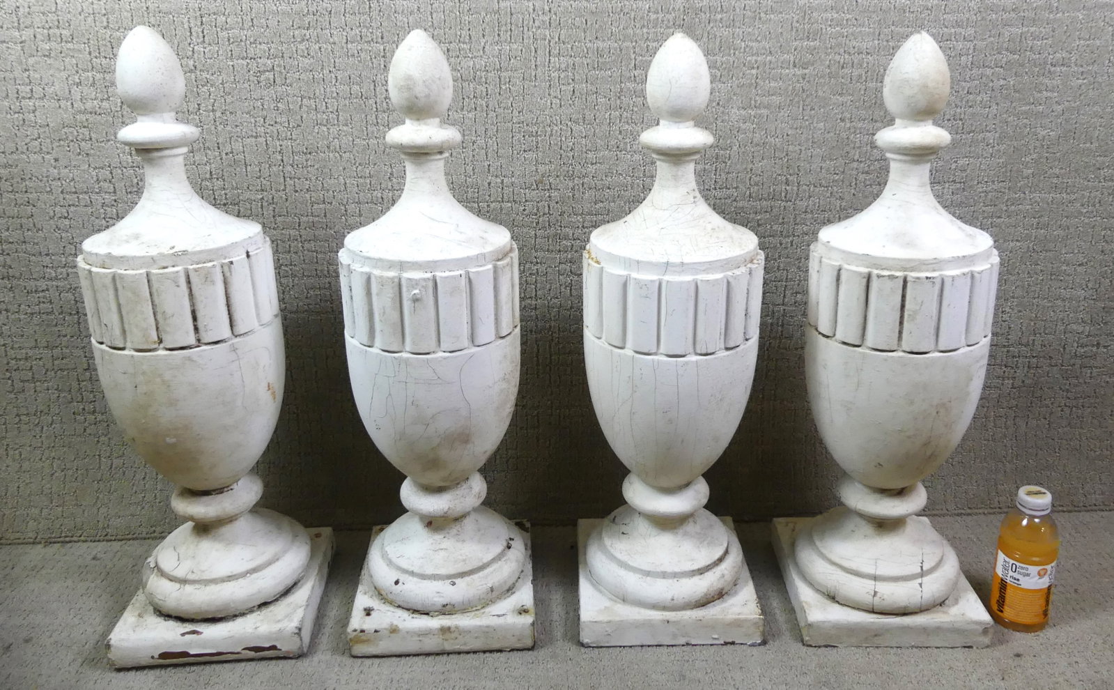 SET 4 WOOD ARCHITECTURAL ELEMENTS: Set 4 large old painted wood architectural or garden ornaments. 32 in high, 9.5 in square.