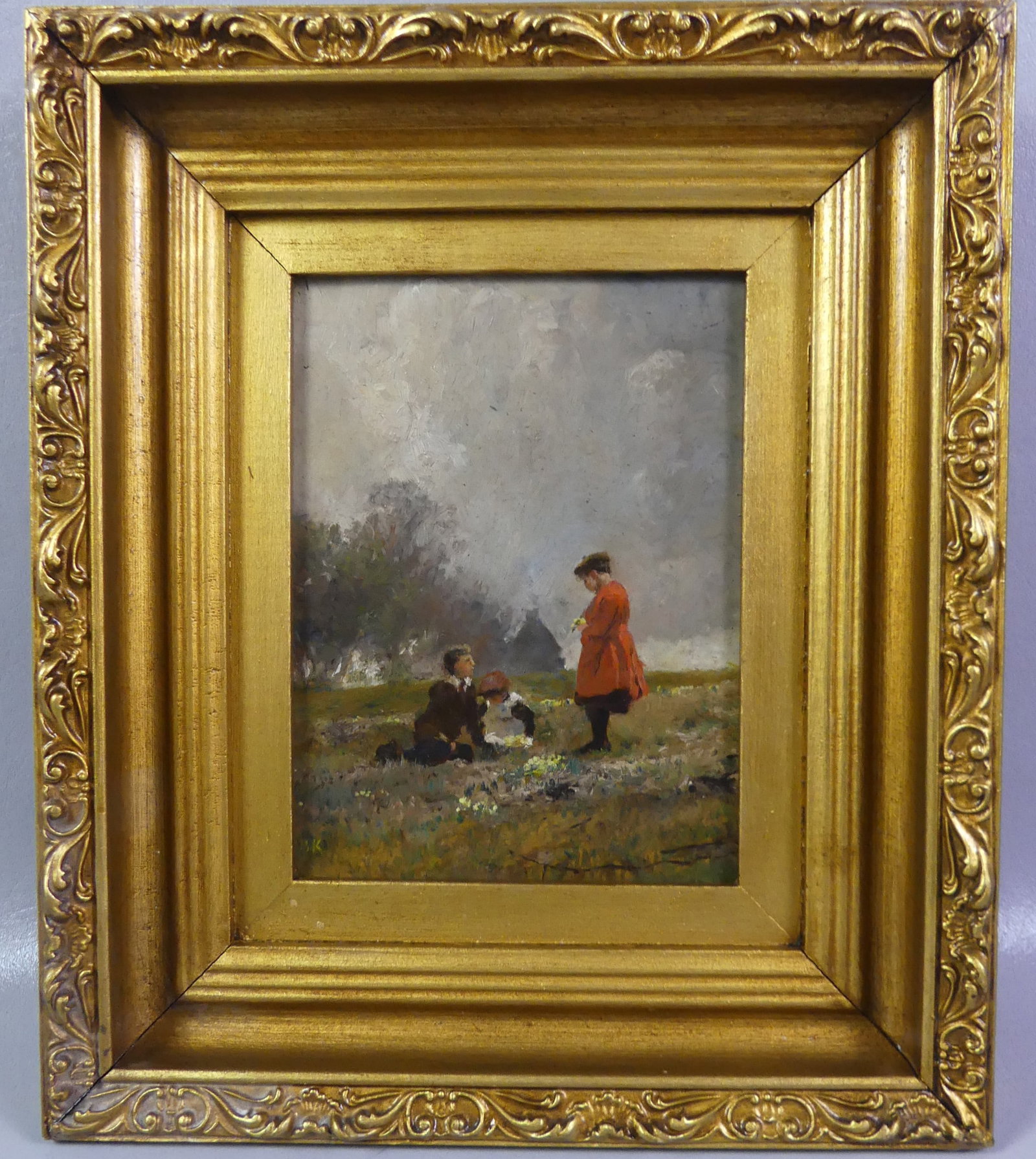 IMPRESSIONIST LANDSCAPE PAINTING SIGNED BK: Small impressionist oil painting of landscape with 3 figures in a field signed BK. 6.5 x 8.5 inches, framed 14 x 12. Good condition.