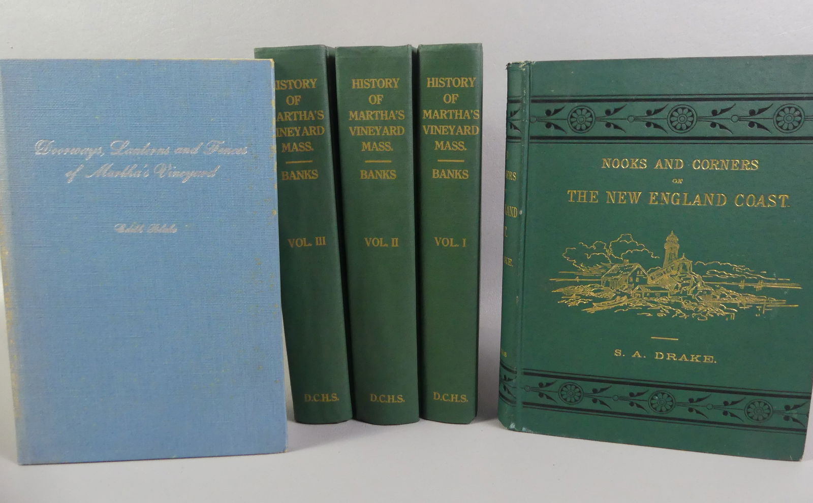 5 BOOKS INCL. HISTORY OF MARTHA'S VINEYARD BY BANKS: Lot of 5 books: 3 Volume hardcover set --History of Martha's Vineyard by CE Banks 1966; Hardcover --Nooks and Corners of the New England Coast--by SA Drake, published Harper & Bros NY 1875; and softco