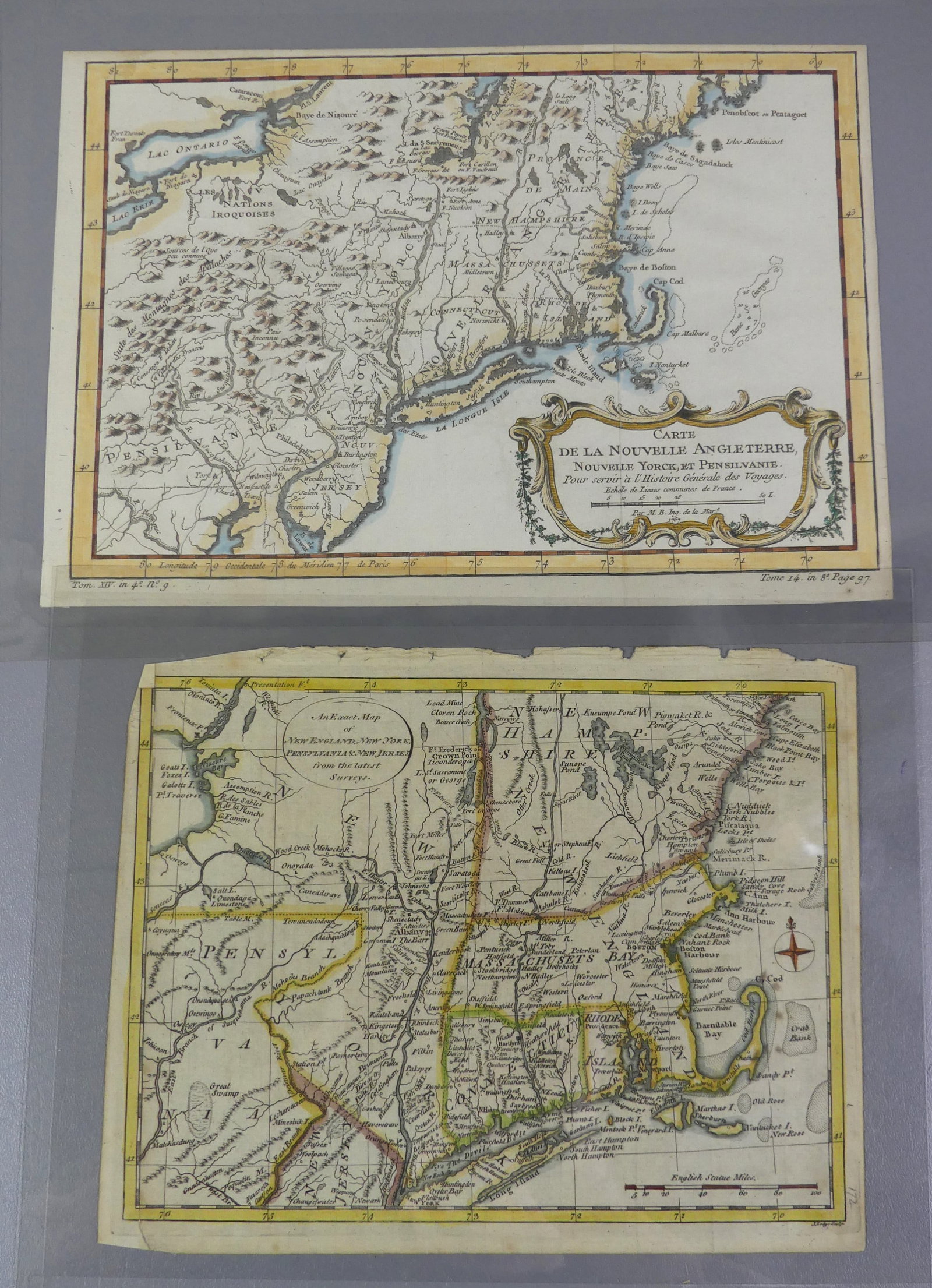 TWO 18TH C. US MAPS OF EAST COAST: Lot of 2 early colored maps of US east coast: An Exact Map of NE, NY, Penn, and New Jersey by J. Lodge circa 1778, image size 7.5 x 10 in; and French map --Carte de la Nouvelle Angleterre, Nouvelle Yo