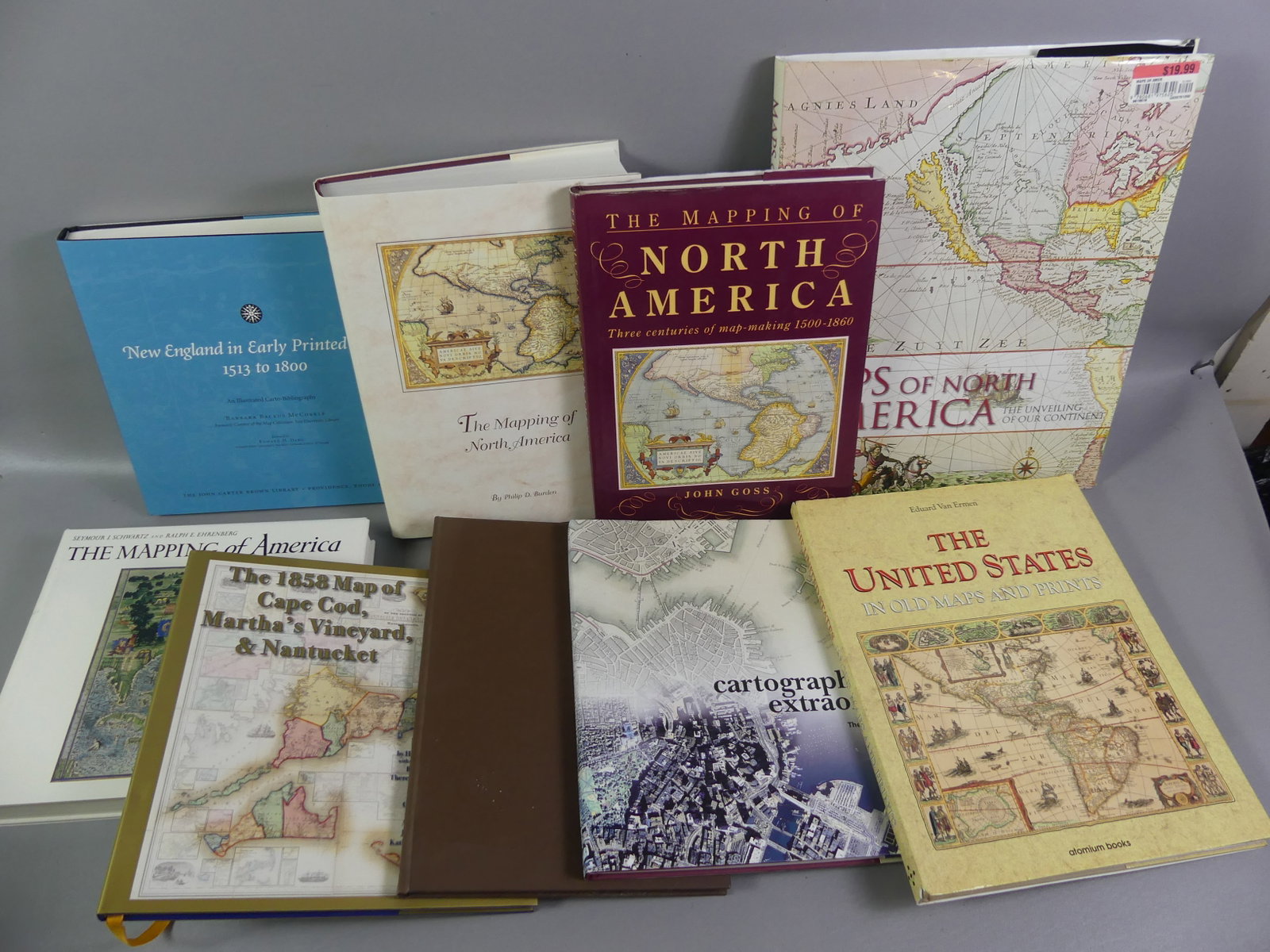 9 BOOKS ON NORTH AMERICAN MAPS: Lot 9 hardcover books on North America including: The Mapping of North America by Burden and another by Goss; The Mapping of America by Schwartz and Ehrenberg; New England in Early Printed Maps 1530-1
