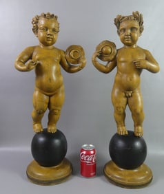 PAIR LARGE WOOD CHERUB FIGURES