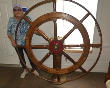 HUGE ANTIQUE SHIP WHEEL ON STAND