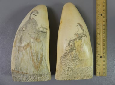 PAIR LARGE SCRIMSHAW WHALE TEETH