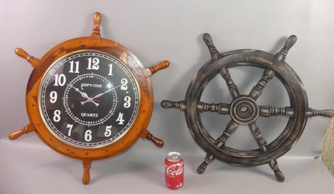 2 SHIP WHEELS, ONE WITH CLOCK