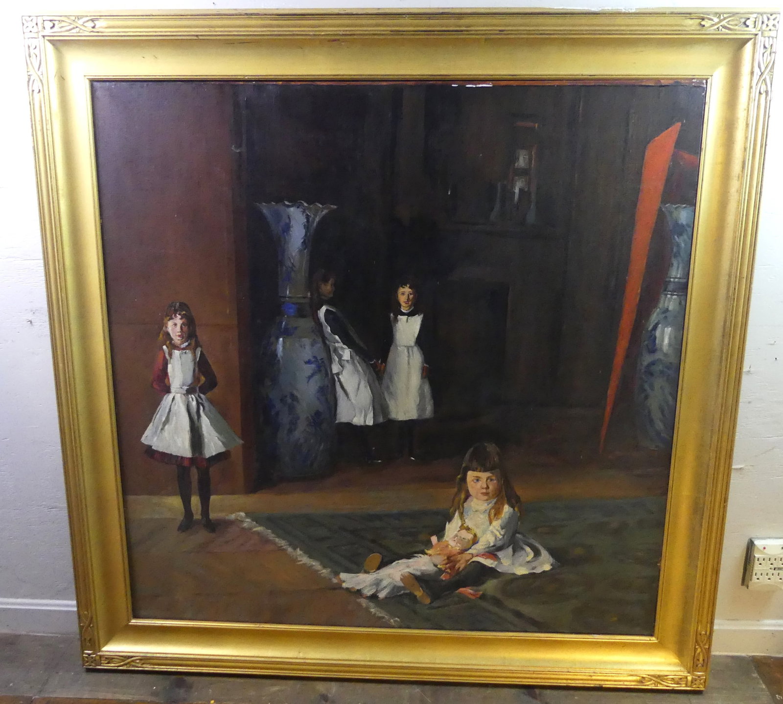 LARGE OIL PAINTING AFTER J.S. SARGENT: Huge oil painting on canvas after the famous John Singer Sargent painting titled --The Daughters of Edward Darley Boit--in the permanent collection at the MFA in Boston. It is 46.5 in square, framed 5
