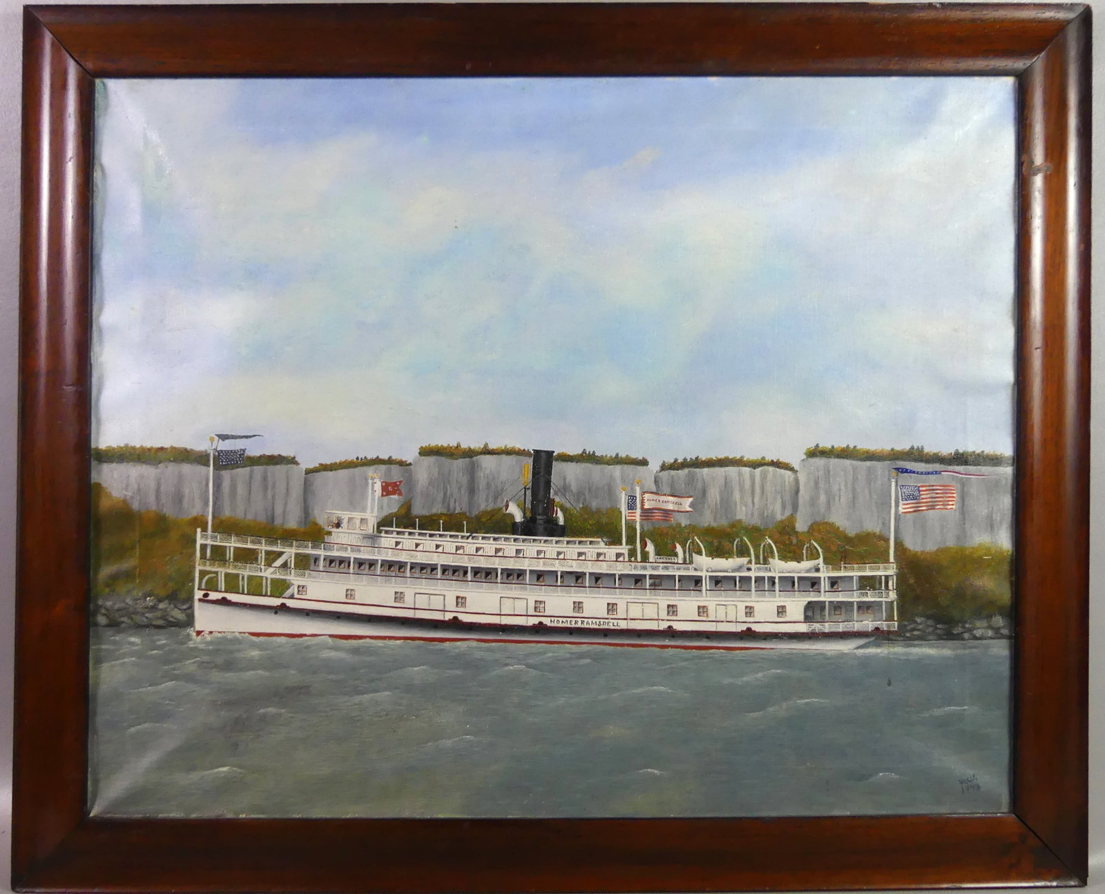SHIP PORTRAIT OF HOMER RAMSDELL: Old oil on canvas, ship portrait of the HOMER RAMSDELL steamer passing cliffs, signed WGF 1943. 24 x 30 in, framed 29 x 34.5 in. (The Homer Ramsdell was a 225 ft. Hudson River steamer built in 1887 an
