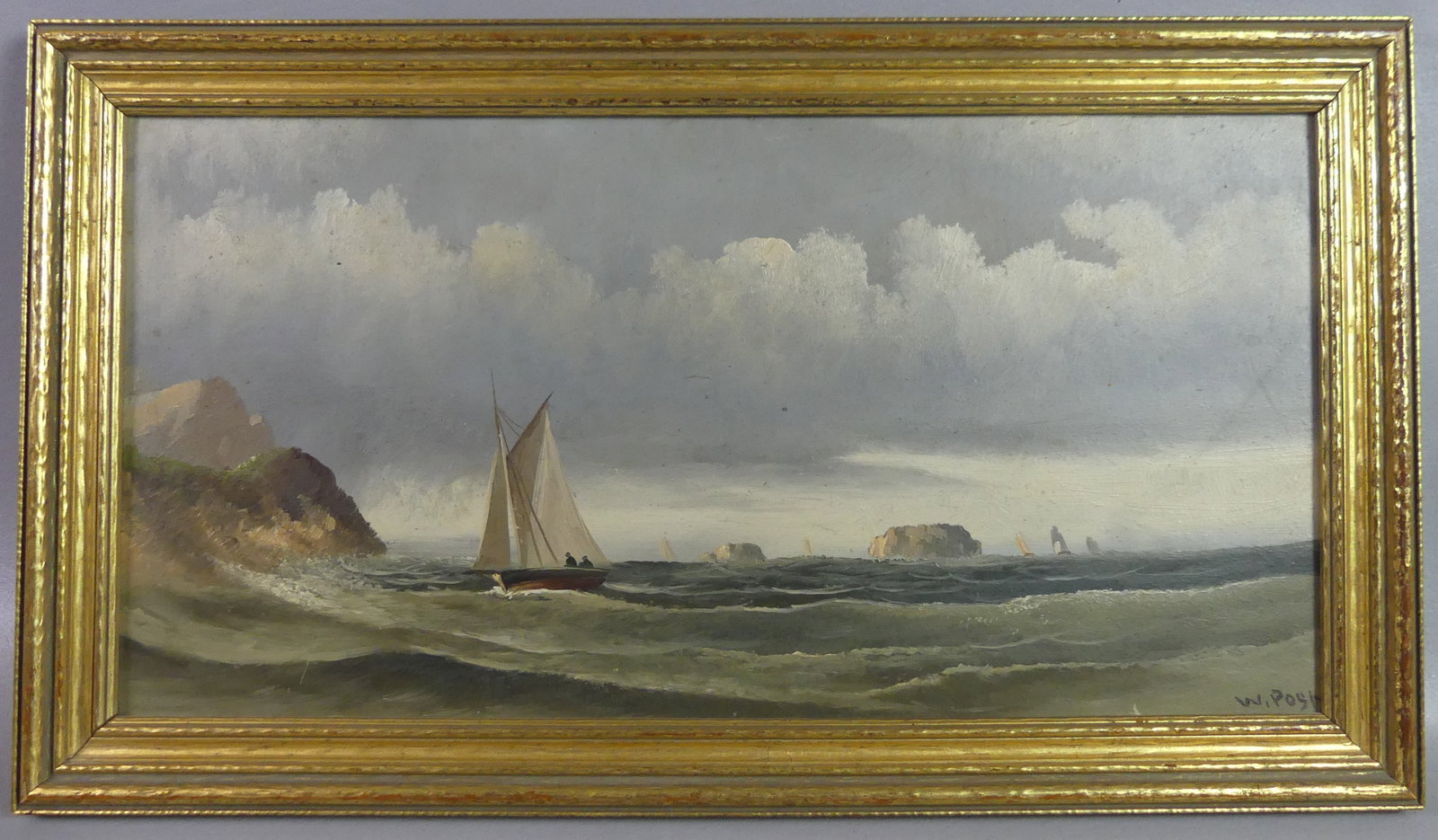 WILLIAM M. POST NAUTICAL PAINTING: Oil on board depicting a nautical scene with sailboats near shore, signed W. Post. 10 x 19 in, framed 12.5 x 22 in. (William Merritt Post 1856-1935 was a CT/NY artist)