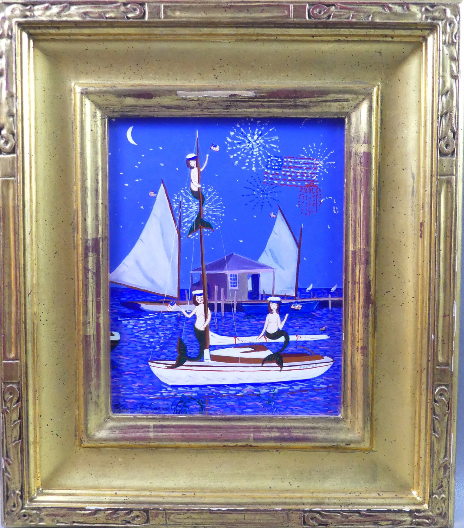 KAREN FITZGERALD MERMAIDS PAINTING: Oil on masonite depicting 3 mermaids on sailboat named BERTIE with dock, other boats, and fireworks in background. Signed Karen Fitzgerald, 1996. 10 x 8 in, framed 16.5 x 14.5 in. (Karen Fitzgerald