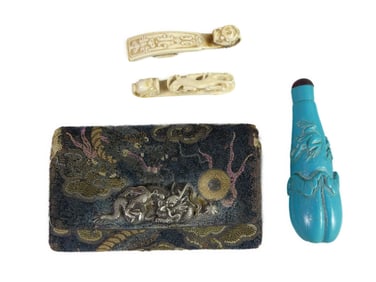 4 CHINESE OBJECTS & BELT HOOKS