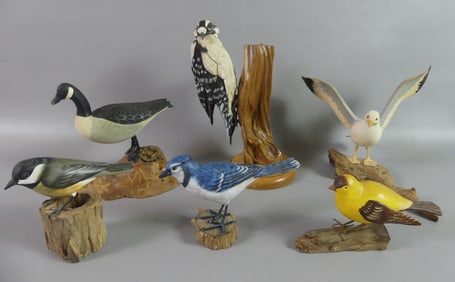 6 CARVED WOOD BIRDS - SIGNED