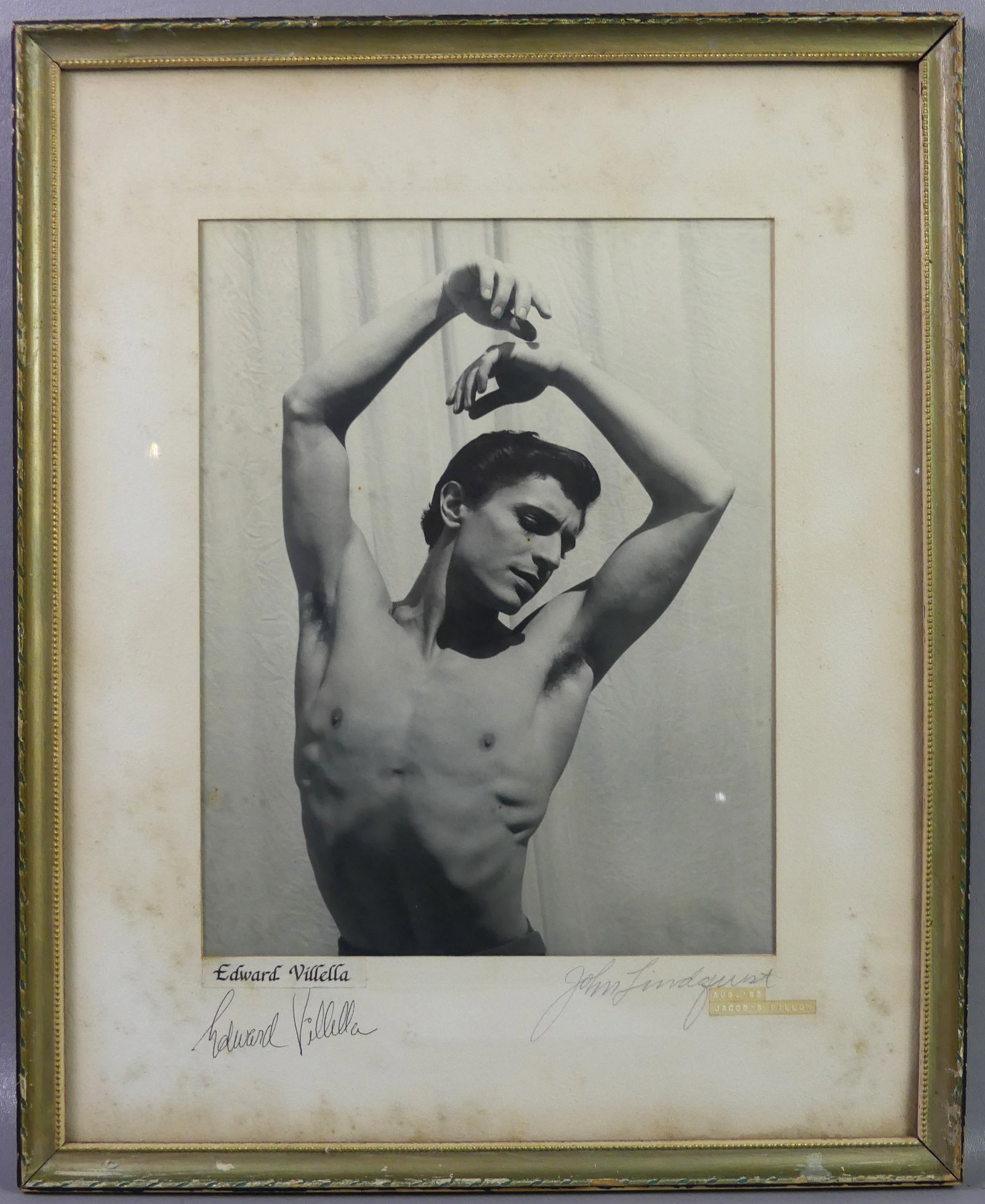 E. VILLELA PHOTO BY J. LINDQUIST: Signed Edward Villella black and white photo of himself as a young ballet dancer from waist up, also signed by photographer John Lindquist Aug. 63, Jacob's Pillow (famous dance center in Becket MA). V