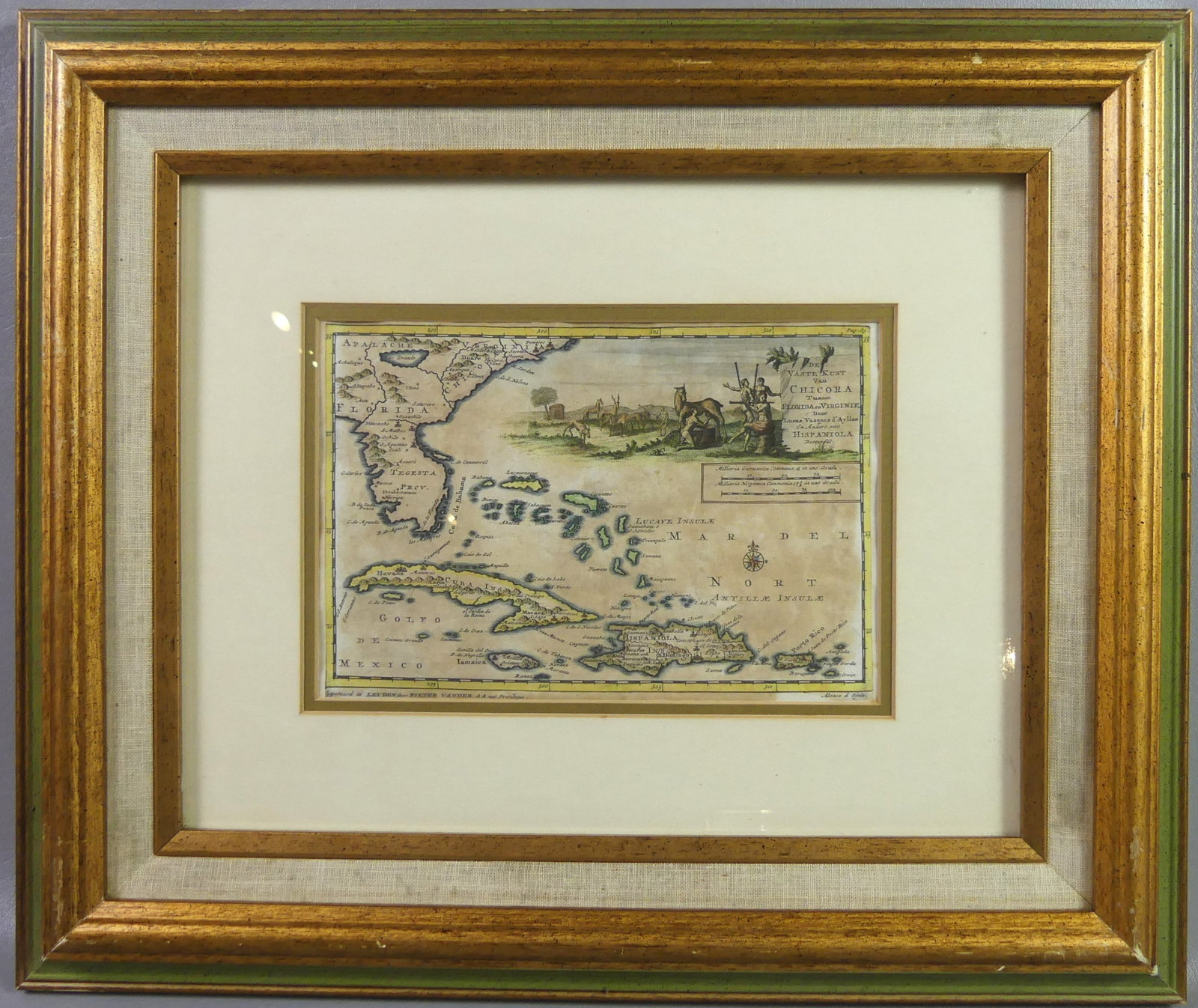 1706 MAP OF FLORIDA & EAST COAST: Scarce early map of Florida, the Carolinas north to Cape Hatteras and the western Caribbean based upon the voyages of Alonso d'Ojedo and other contemporary work. Titled De Vaste Kust van Chicora Tusse