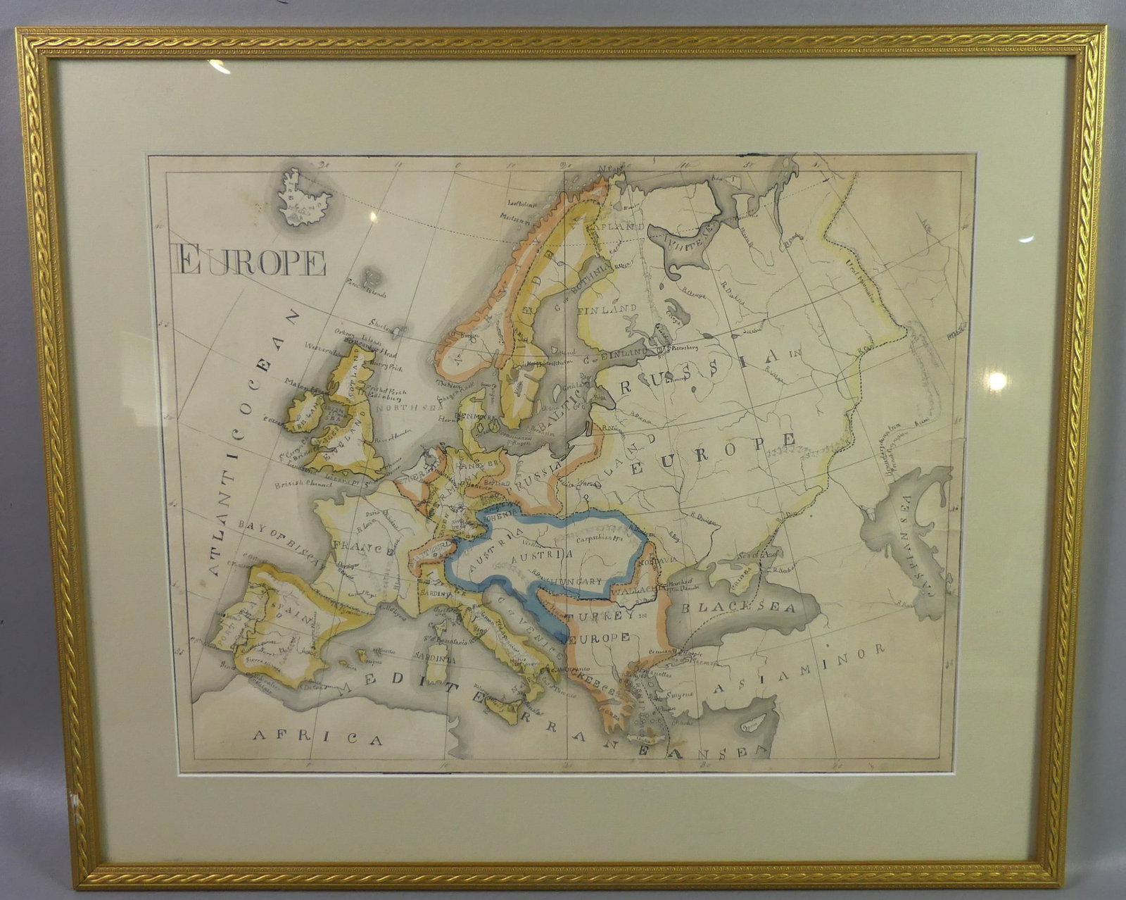 HAND DRAWN EUROPE MAP: 19th century hand drawn and hand colored map titled EUROPE, unsigned (attr. Caroline Jewell of Guilford NY), 17 x 21.5 in, framed 23.5 x 27.5 in.