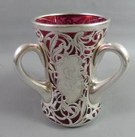 CRANBERRY & SILVER OVERLAY LOVING CUP