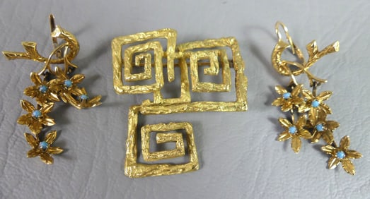 18K GOLD BROOCH & EARRINGS
