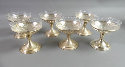 SET 6 STERLING & CUT GLASS SHERBETS