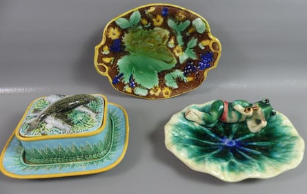 3 ANTIQUE MAJOLICA PCS - JONES BUTTER DISH