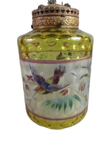 VICTORIAN ENAMEL GLASS HALL LAMP - BIRDS