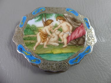 ENAMELED SILVER COMPACT - CHERUBS