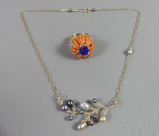 14K COCKTAIL RING & PEARL NECKLACE