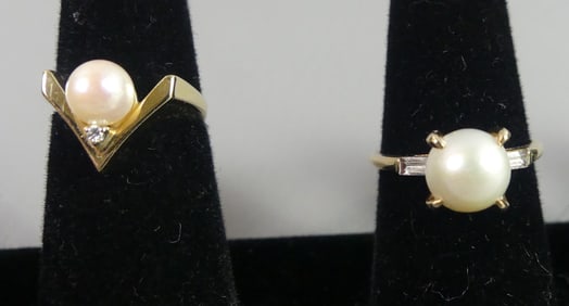 2 PEARL & 14K GOLD RINGS
