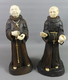 ANTIQUE WOOD MONK FIGURES - BONE FEATURES