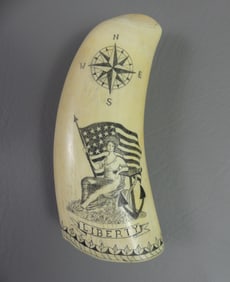 WHALE TOOTH - SCRIMSHAW LADY LIBERTY & SHIP