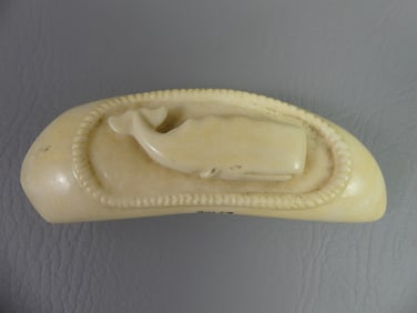 CARVED WHALE TOOTH  WITH WHALE - SIGNED