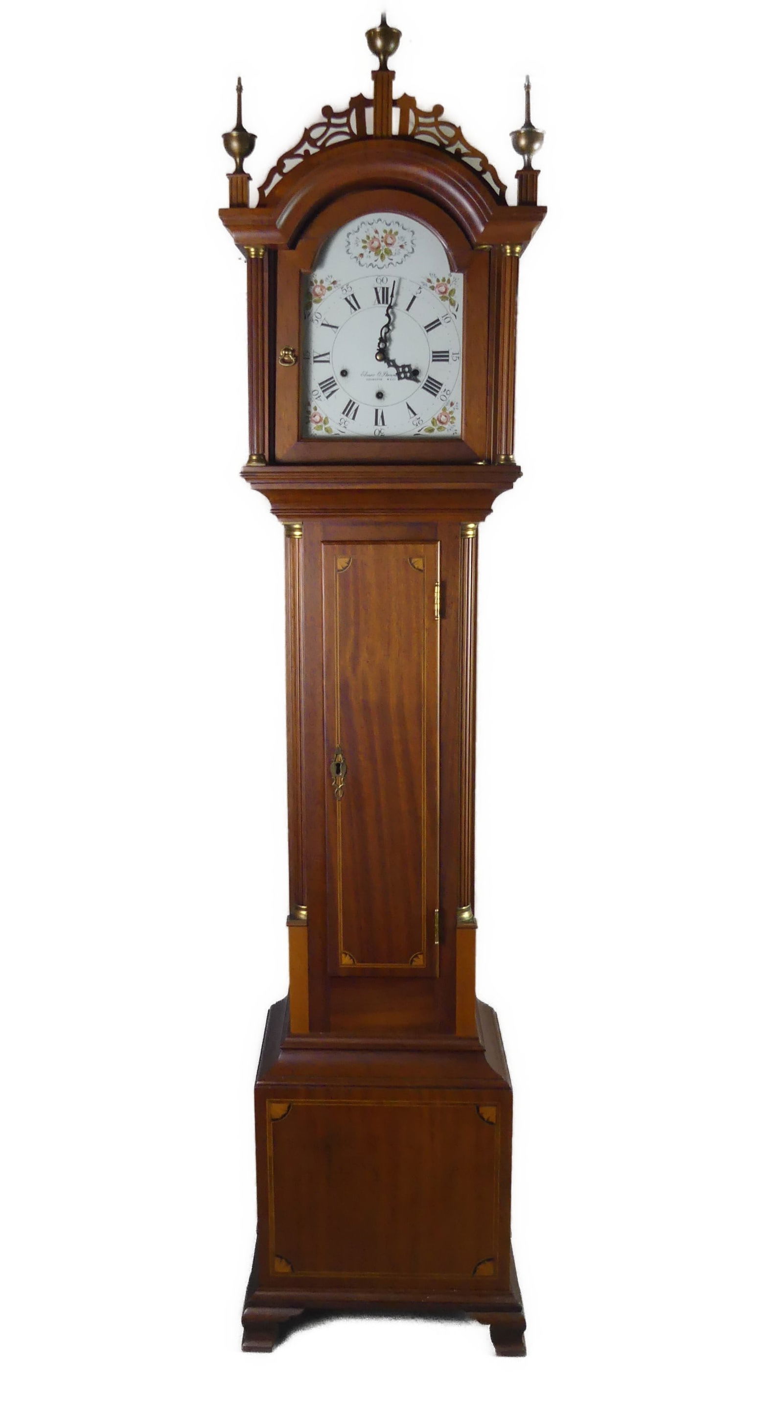 ELMER STENNES GRANDMOTHER CLOCK: Fine old light mahogany inlaid 8 day grandmother clock with painted dial signed Elmer O. Stennes, Weymouth Mass. Size: 61 in tall x 12 x 8 deep. Excellent condition, working order with pendulum and we