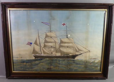 ANTIQUE PAINTING OF SHIP MERRIMAC OFF RIO