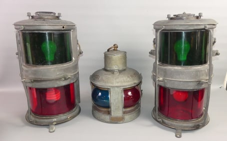 3 OLD SHIP LAMPS - PORT / STARBOARD LENSES