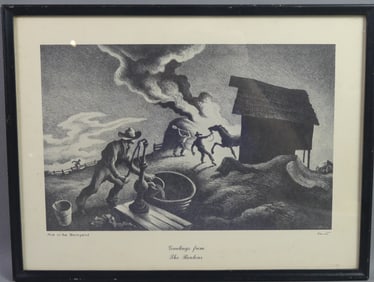 THOMAS BENTON LITHOGRAPH - BARN FIRE