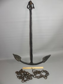 EARLY IRON ANCHOR AND CHAIN